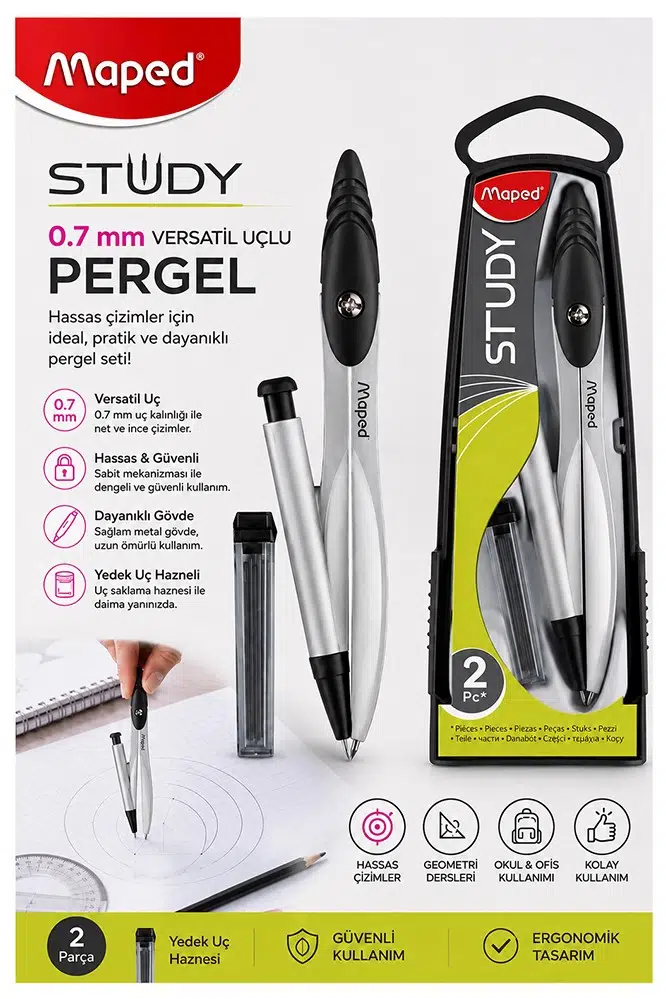 0.7 Uçlu Metal Pergel 1 Adet Maped 119430 Kutulu Metal Pergel Versatil Uçlu Mekanik Kalem Basmalı Uçlu Pergel Matematik - Siyah