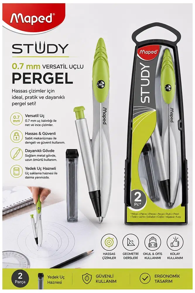 0.7 Uçlu Metal Pergel 1 Adet Maped 119430 Kutulu Metal Pergel Versatil Uçlu Mekanik Kalem Basmalı Uçlu Pergel Matematik - Yeşil