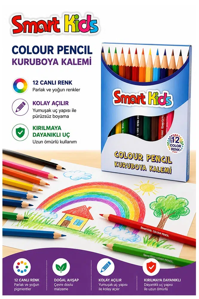 12 li Kuru Boya Kalemi 1 Paket Smart Kids 12 Renk Kuruboya Kısa Boy Canlı Renkli Boya Kalem Okul Öğrenci