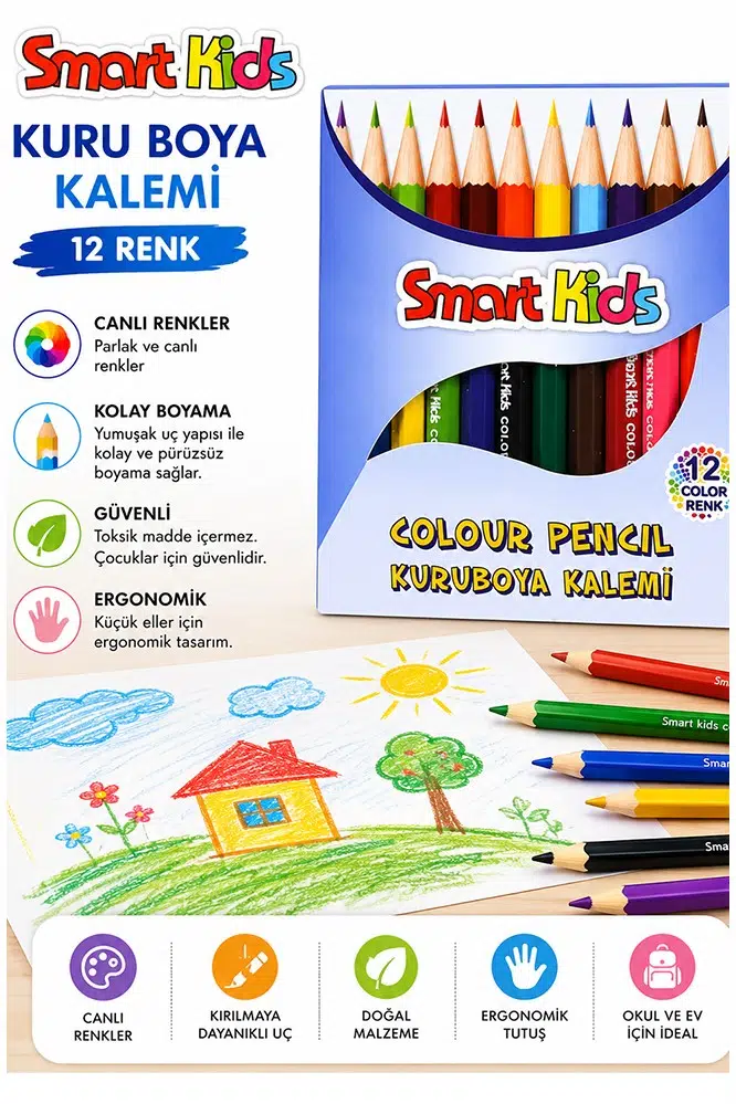 12 li Kuru Boya Kalemi 1 Paket Smart Kids 12 Renk Kuruboya Kısa Boy Canlı Renkli Boya Kalem Okul Öğrenci