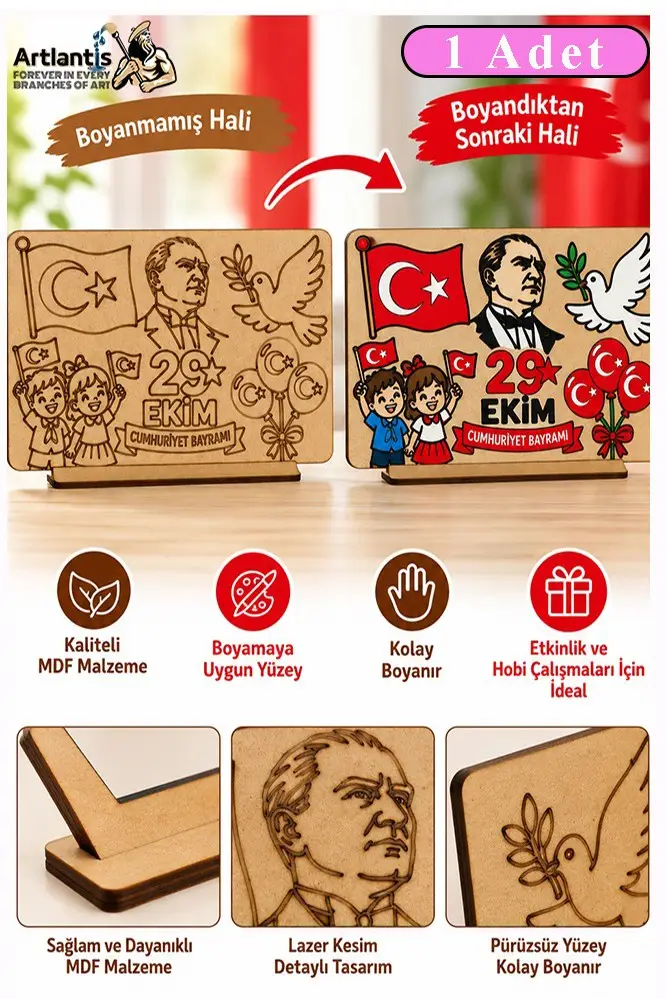 29 Ekim Ahşap Boyama Seti 1 Adet 20x15cm Cumhuriyet Bayramı Atatürk Boyama Figürü Etkinlik Çocuk Gelişim Motor Beceri - Pembe