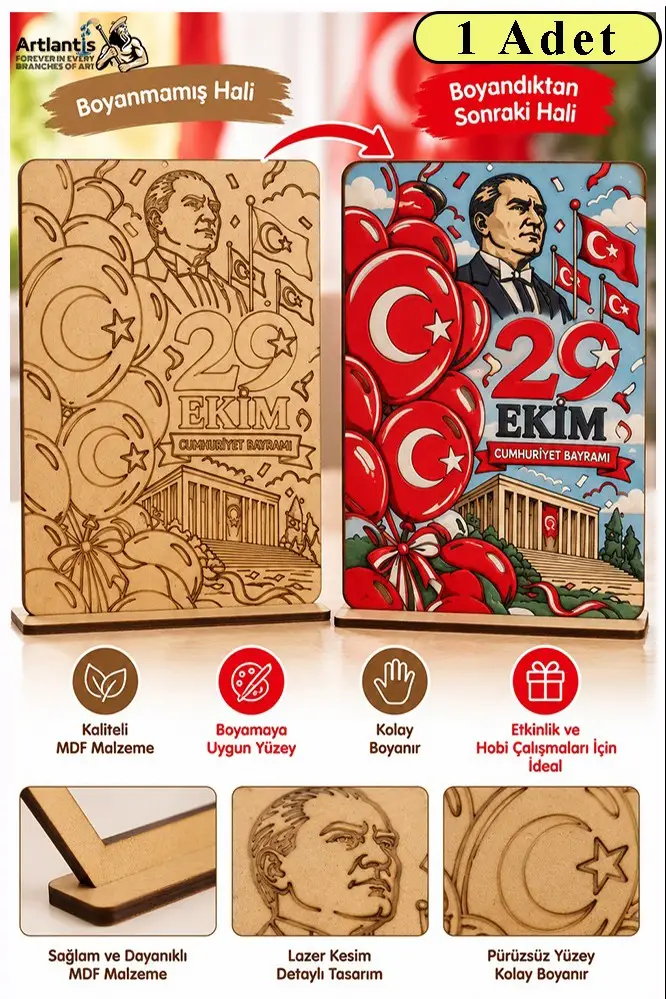 29 Ekim Ahşap Boyama Seti 1 Adet 20x15cm Cumhuriyet Bayramı Atatürk Boyama Figürü Etkinlik Çocuk Gelişim Motor Beceri - Sarı