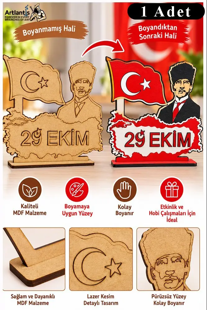 29 Ekim Ahşap Boyama Seti 1 Adet 20x15cm Cumhuriyet Bayramı Atatürk Boyama Figürü Etkinlik Çocuk Gelişim Motor Beceri - Siyah