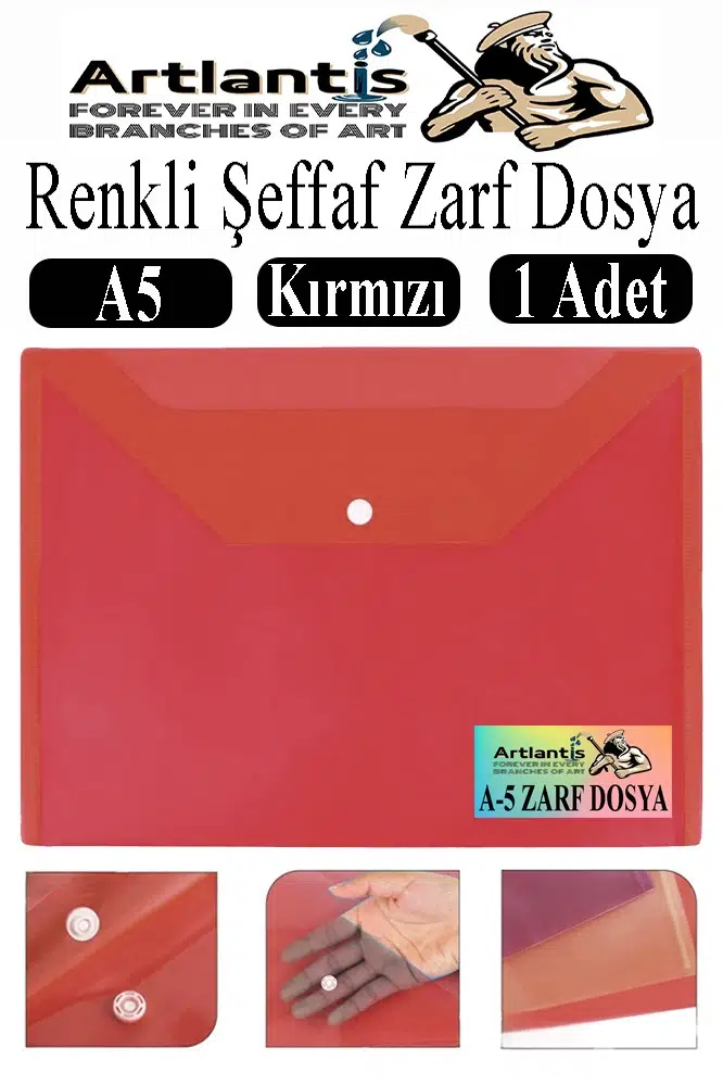 A5 Çıtçıtlı Dosya Şeffaf Renkli Zarf Dosya 1 Adet 17x22 cm Çıt Çıtlı Dosya Su Geçirmez 50 Yaprak Kapasiteli - Kırmızı