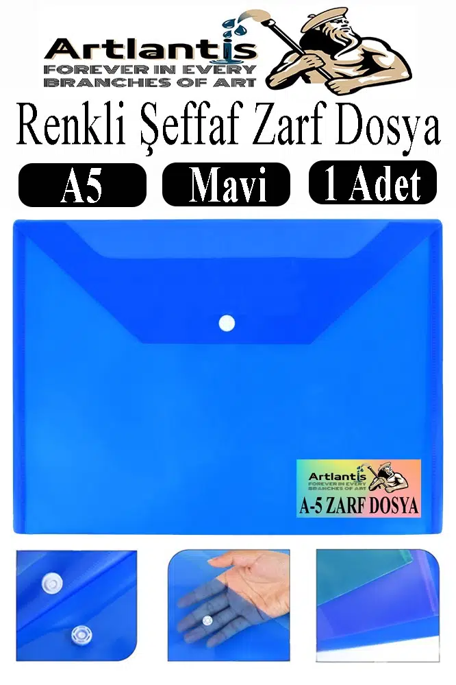 A5 Çıtçıtlı Dosya Şeffaf Renkli Zarf Dosya 1 Adet 17x22 cm Çıt Çıtlı Dosya Su Geçirmez 50 Yaprak Kapasiteli - Mavi