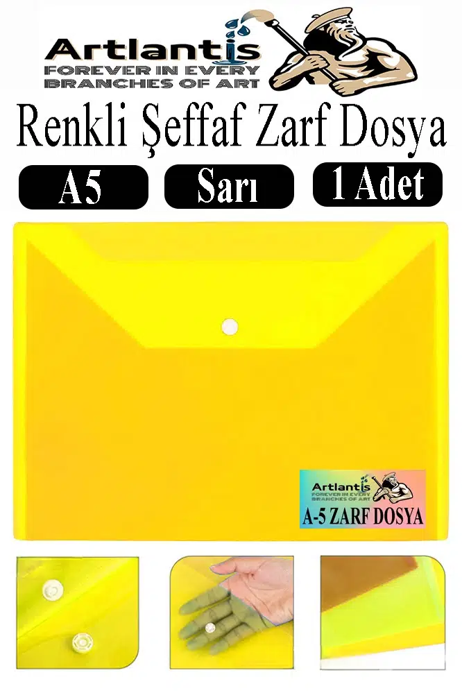 A5 Çıtçıtlı Dosya Şeffaf Renkli Zarf Dosya 1 Adet 17x22 cm Çıt Çıtlı Dosya Su Geçirmez 50 Yaprak Kapasiteli - Sarı