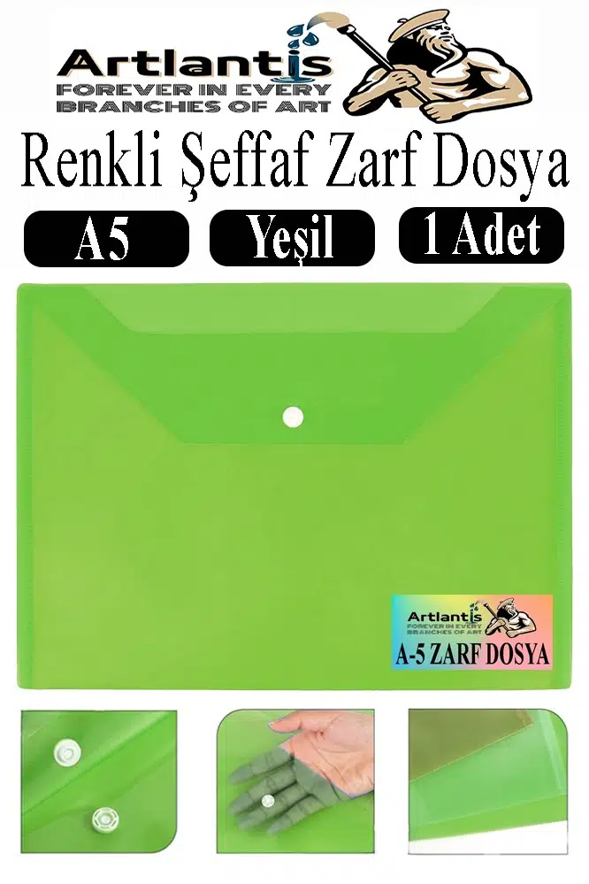 A5 Çıtçıtlı Dosya Şeffaf Renkli Zarf Dosya 1 Adet 17x22 cm Çıt Çıtlı Dosya Su Geçirmez 50 Yaprak Kapasiteli - Yeşil