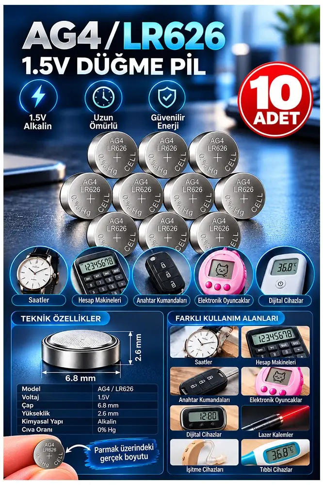 AG4 LR626 Saat Pil 1.5V 10 Adet Rio AG1 LR626 Para Pil Lityum Düğme Pil Araba Kumandası Baskül Tartı Pili Saat Cihaz Pil