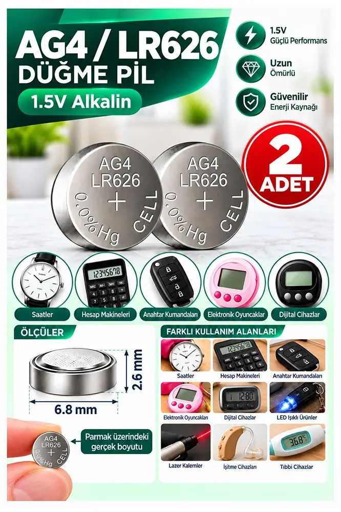 AG4 LR626 Saat Pil 1.5V 2 Adet Rio AG4 LR626 Para Pil Lityum Düğme Pil Araba Kumandası Baskül Tartı Pili Saat Cihaz Pili