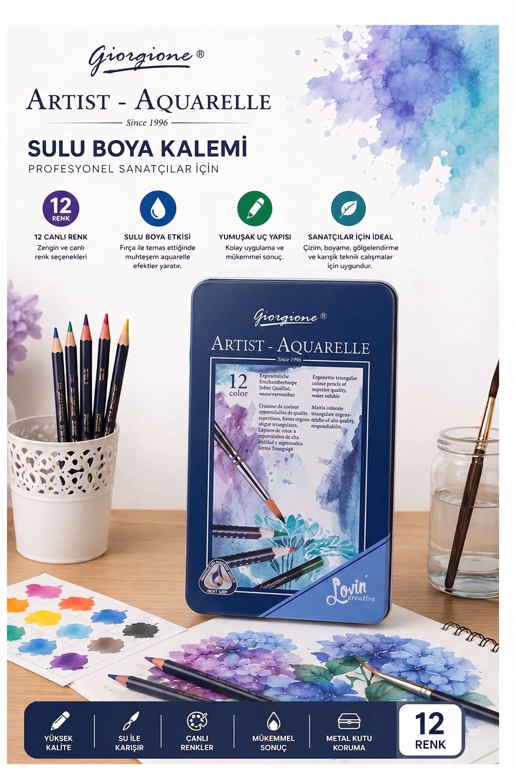 Aquarel Suluboya Kalemi 12 Renk 1 Paket Giorgione Teneke Kutu Sulu Boya Kalemi 12 Li Fırça Hediyeli Sanatsal Kaliteli