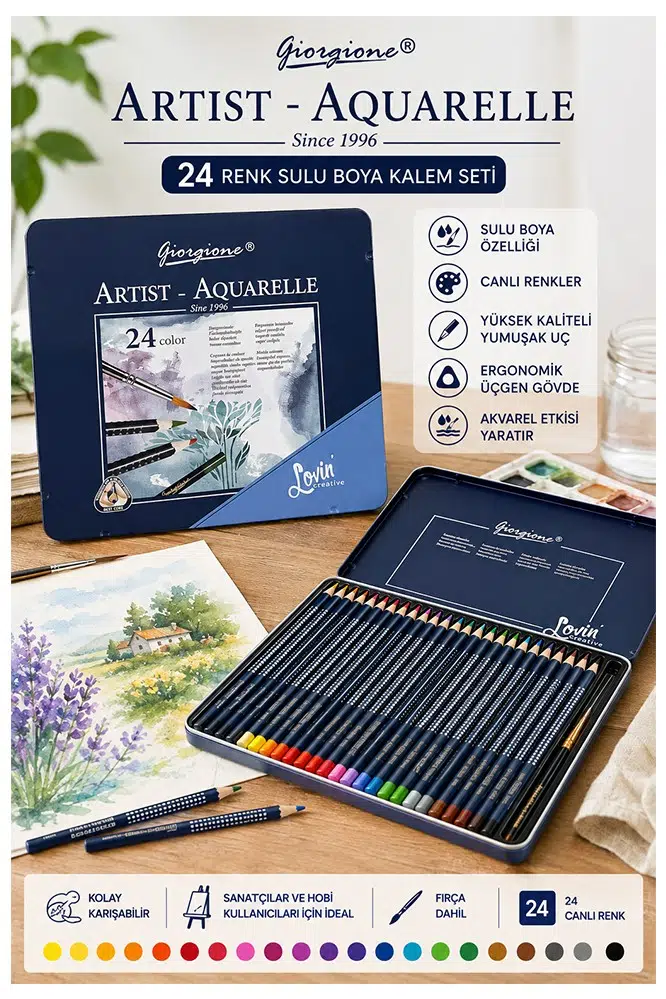 Aquarel Suluboya Kalemi 24 Renk 1 Paket Giorgione Teneke Kutu Sulu Boya Kalemi 24 Lü Fırça Hediyeli Sanatsal Kaliteli