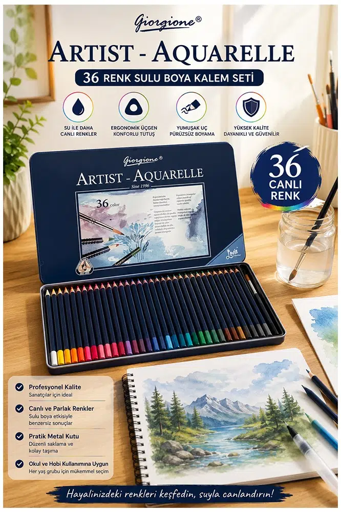 Aquarel Suluboya Kalemi 36 Renk 1 Paket Giorgione Teneke Kutu Sulu Boya Kalemi 36 Lı Fırça Hediyeli Sanatsal Kaliteli