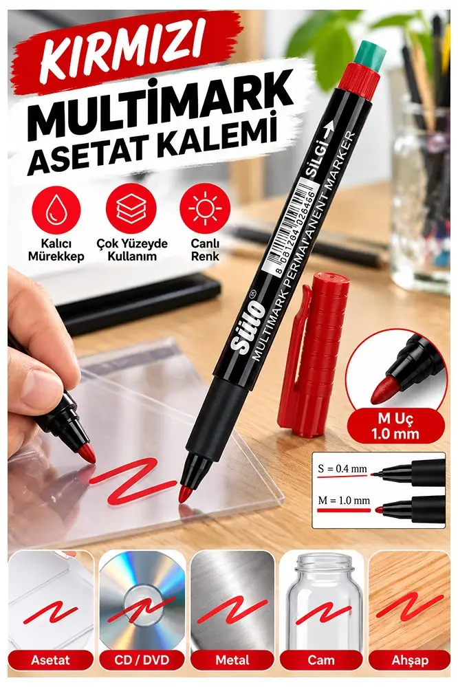 Asetat Kalemi Kırmızı M Silgili 1.0mm 1 Adet Stilo Permanent Kalemi Silinmez Kalıcı Cam Plastik Metal Seramik Ahşap