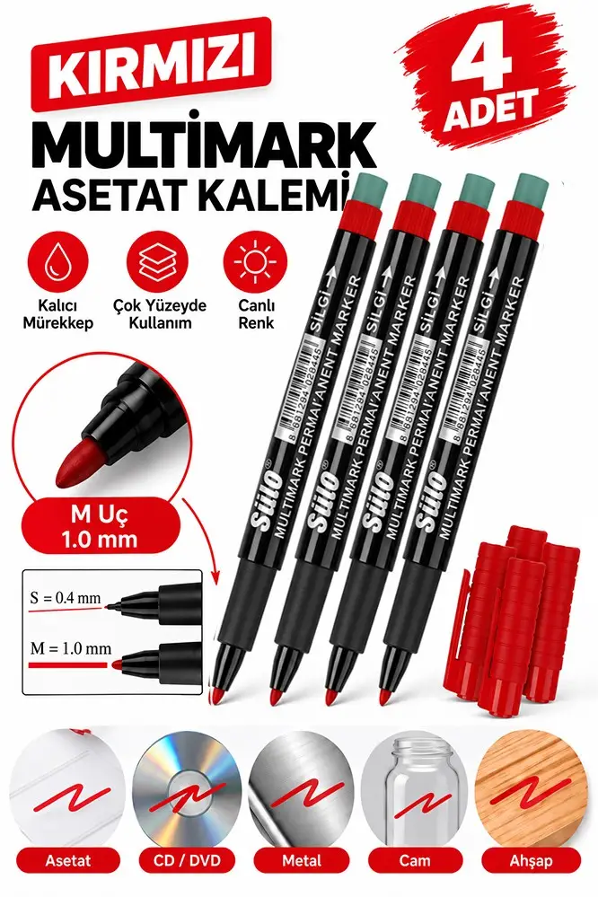 Asetat Kalemi Kırmızı M Silgili 1.0mm 4 Adet Stilo Permanent Kalemi Silinmez Kalıcı Cam Plastik Metal Seramik Ahşap