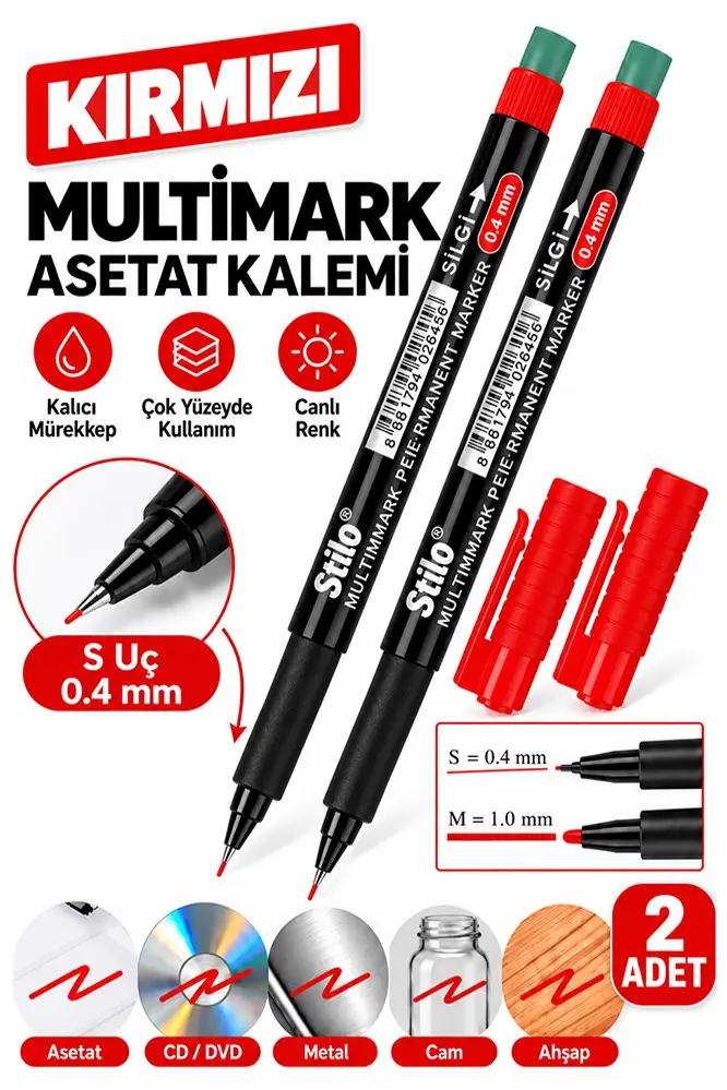 Asetat Kalemi Kırmızı S Silgili 0.4mm 2 Adet Stilo İnce Uçlu Permanent Kalemi Silinmez Kalıcı Cam Plastik Metal Seramik
