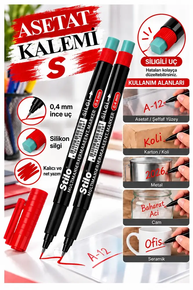 Asetat Kalemi Kırmızı S Silgili 0.4mm 2 Adet Stilo İnce Uçlu Permanent Kalemi Silinmez Kalıcı Cam Plastik Metal Seramik