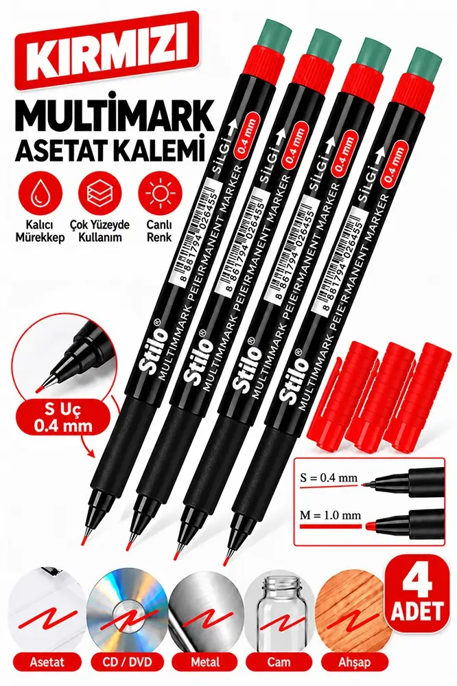 Asetat Kalemi Kırmızı S Silgili 0.4mm 4 Adet Stilo İnce Uçlu Permanent Kalemi Silinmez Kalıcı Cam Plastik Metal Seramik