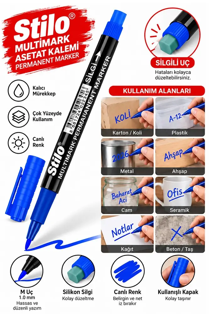 Asetat Kalemi M Silgili 1.0mm 1 Adet Stilo Permanent Kalemi Silinmez Kalıcı Cam Plastik Metal Seramik Ahşap - Mavi