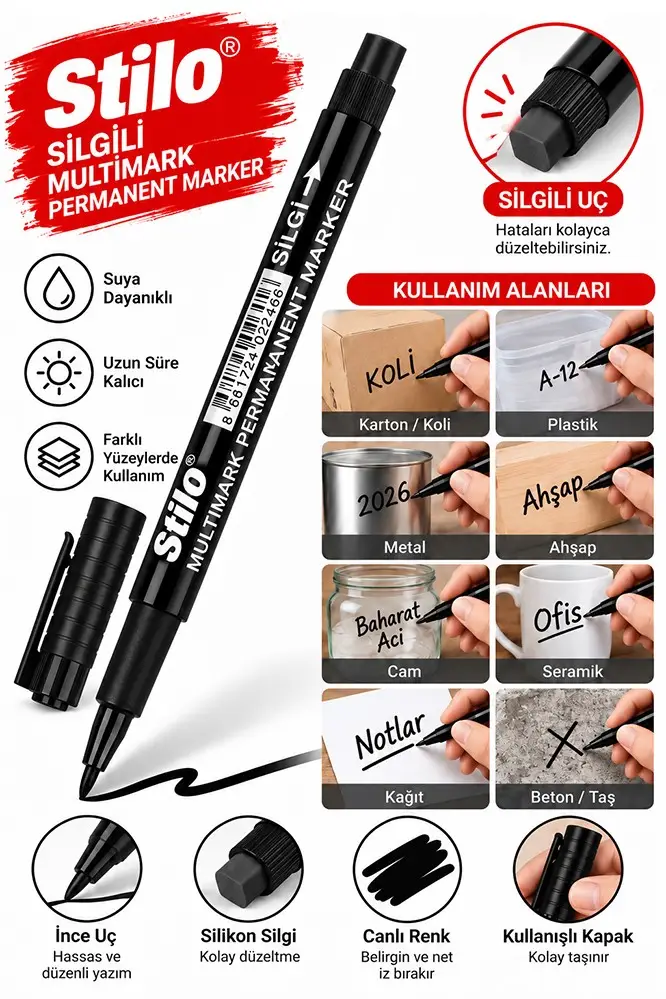 Asetat Kalemi M Silgili 1.0mm 1 Adet Stilo Permanent Kalemi Silinmez Kalıcı Cam Plastik Metal Seramik Ahşap - Siyah