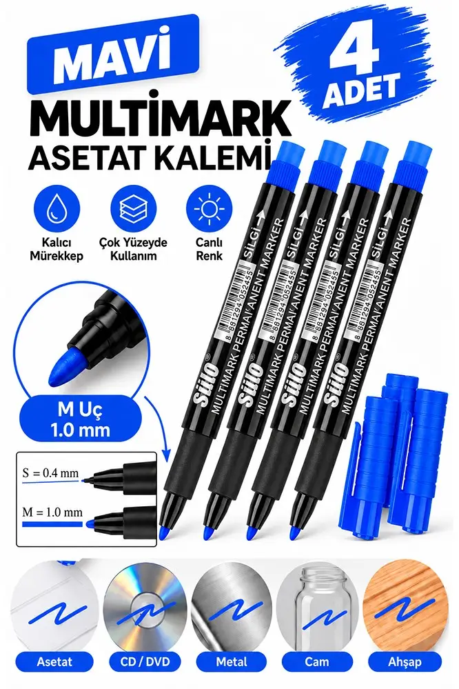 Asetat Kalemi Mavi M Silgili 1.0mm 4 Adet Stilo Permanent Kalemi Silinmez Kalıcı Cam Plastik Metal Seramik Ahşap