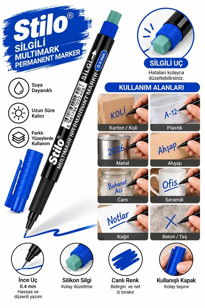 Asetat Kalemi S Silgili 0.4mm 1 Adet Stilo İnce Uçlu Permanent Kalemi Silinmez Kalıcı Cam Plastik Metal Seramik Ahşap - Mavi