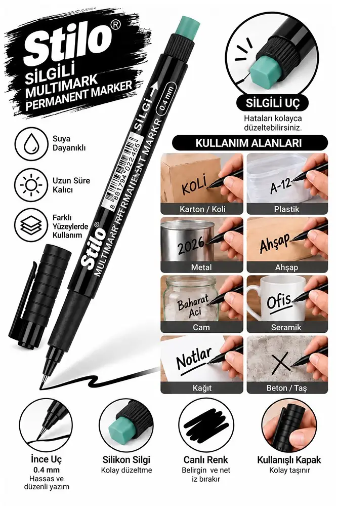 Asetat Kalemi S Silgili 0.4mm 1 Adet Stilo İnce Uçlu Permanent Kalemi Silinmez Kalıcı Cam Plastik Metal Seramik Ahşap - Siyah