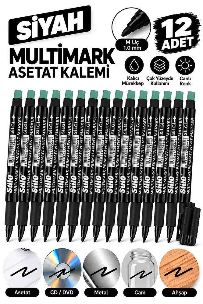 Asetat Kalemi Siyah M Silgili 1.0mm 12 Adet Stilo Permanent Kalemi Silinmez Kalıcı Cam Plastik Metal Seramik Ahşap