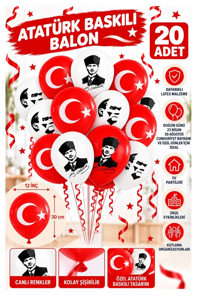 Atatüklü ve Bayraklı Balon 20 Adet Ata Balon Süsleme 29 Ekim 23 Nisan Kırmızı Beyaz Balon Bayrak Balon Bayram