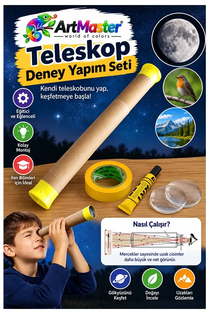Basit Teleskop Yapım Seti 1 Paket Artmaster Teleskop Deney Seti Silindir Karton Mercek Okul Sınıf Etkinlik