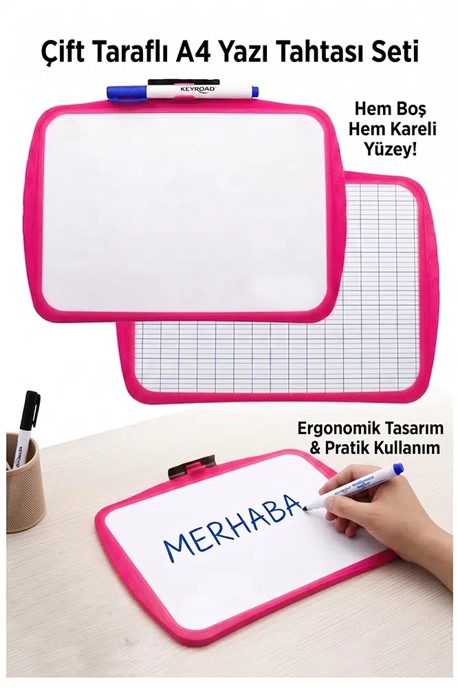 Çift Taraflı Yazı Tahtası 1 Adet Keyroad 20x30cm Plastik Kolay Silinebilir Beyaz Yazı Tahtası Etkinlik Ders Çalışma - Pembe