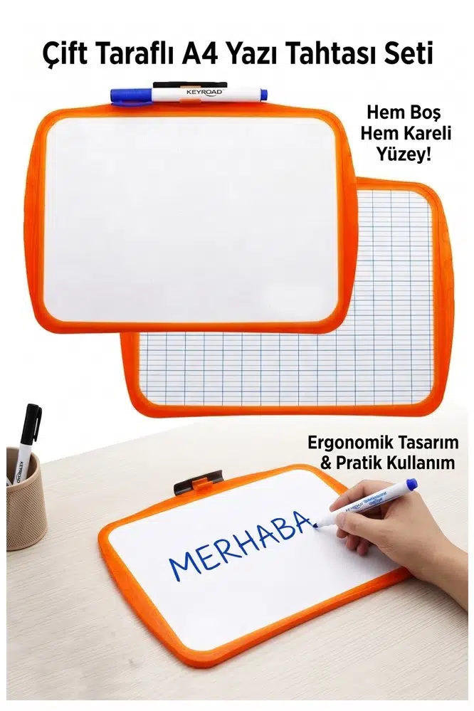 Çift Taraflı Yazı Tahtası 1 Adet Keyroad 20x30cm Plastik Kolay Silinebilir Beyaz Yazı Tahtası Etkinlik Ders Çalışma - Turuncu
