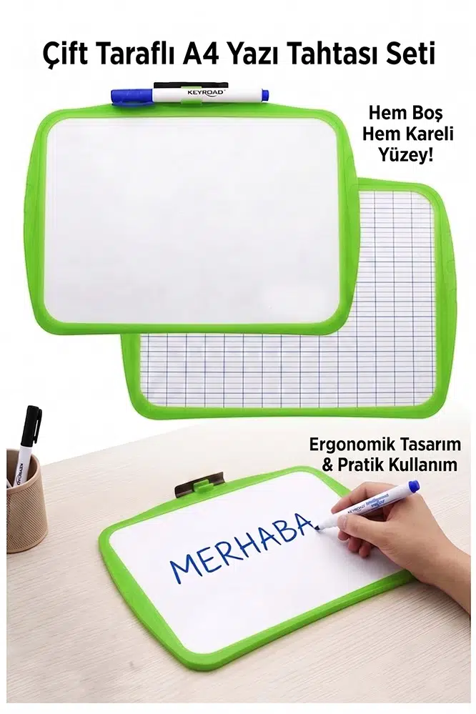 Çift Taraflı Yazı Tahtası 1 Adet Keyroad 20x30cm Plastik Kolay Silinebilir Beyaz Yazı Tahtası Etkinlik Ders Çalışma - Yeşil