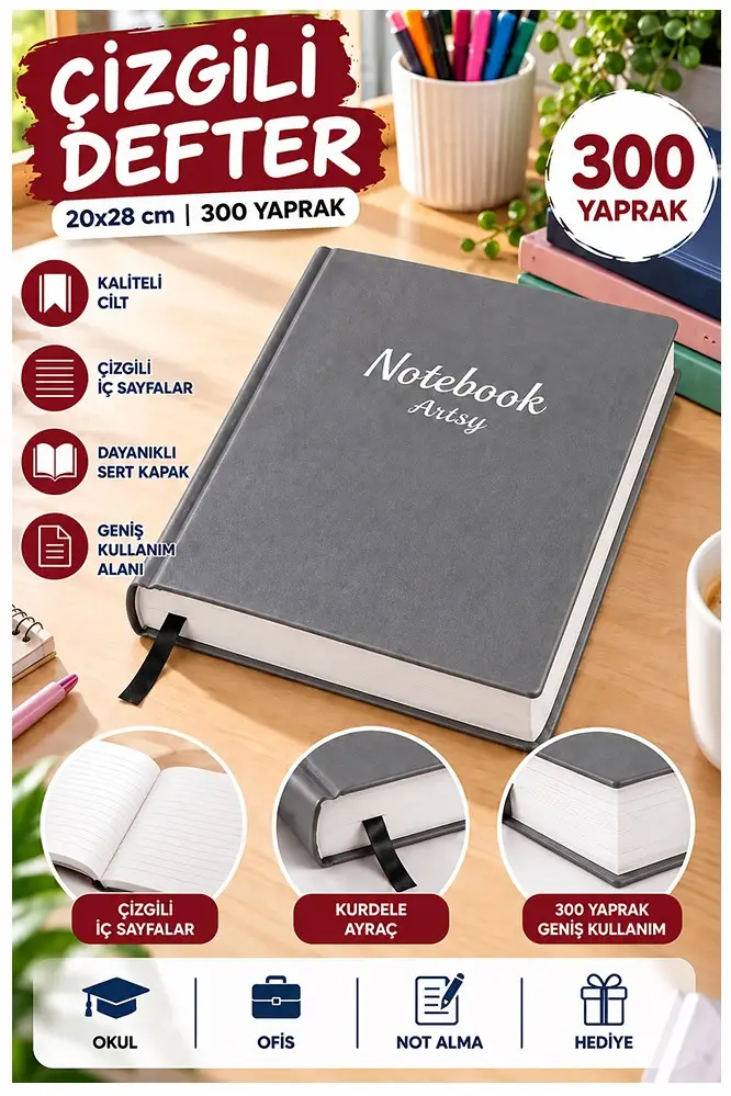 Ciltli Çizgili Defter 300 Yaprak 20x28cm 1 Adet Çok Yapraklı Sert Kapaklı Not Hesap Defteri Okul Ofis Büro - Gri