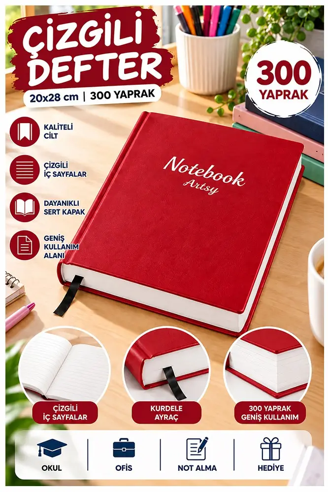 Ciltli Çizgili Defter 300 Yaprak 20x28cm 1 Adet Çok Yapraklı Sert Kapaklı Not Hesap Defteri Okul Ofis Büro - Kırmızı