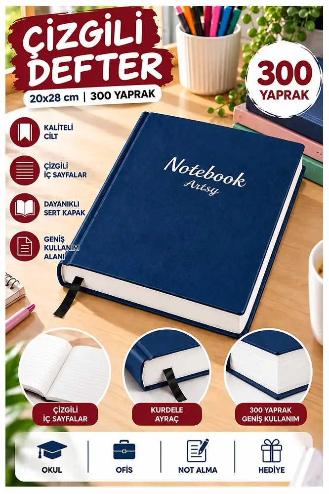 Ciltli Çizgili Defter 300 Yaprak 20x28cm 1 Adet Çok Yapraklı Sert Kapaklı Not Hesap Defteri Okul Ofis Büro - Lacivert