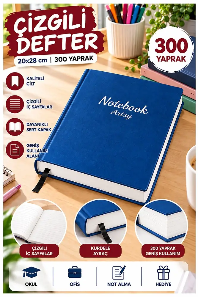 Ciltli Çizgili Defter 300 Yaprak 20x28cm 1 Adet Çok Yapraklı Sert Kapaklı Not Hesap Defteri Okul Ofis Büro - Mavi