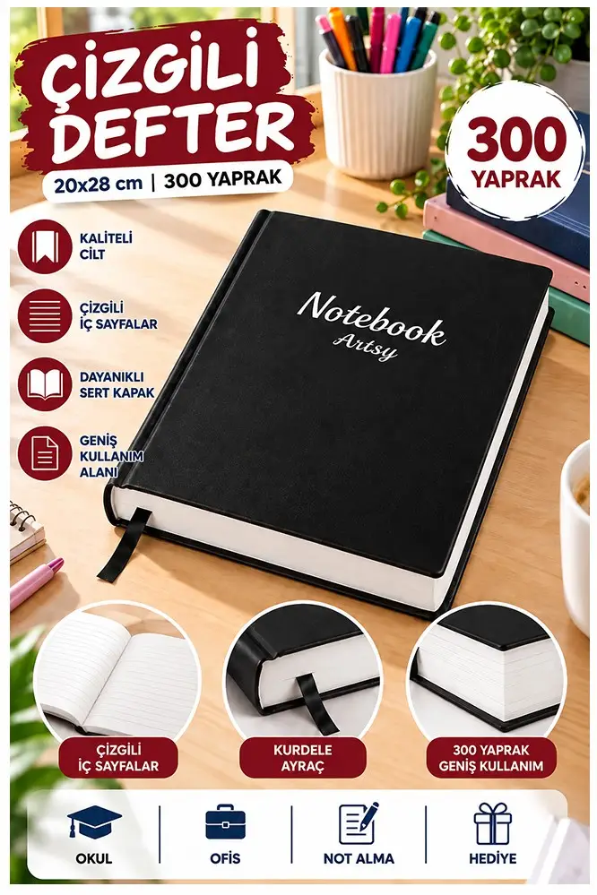 Ciltli Çizgili Defter 300 Yaprak 20x28cm 1 Adet Çok Yapraklı Sert Kapaklı Not Hesap Defteri Okul Ofis Büro - Siyah