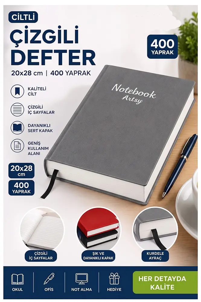 Ciltli Çizgili Defter 400 Yaprak 20x28cm 1 Adet Çok Yapraklı Sert Kapaklı Not Hesap Defteri Okul Ofis Büro - Gri