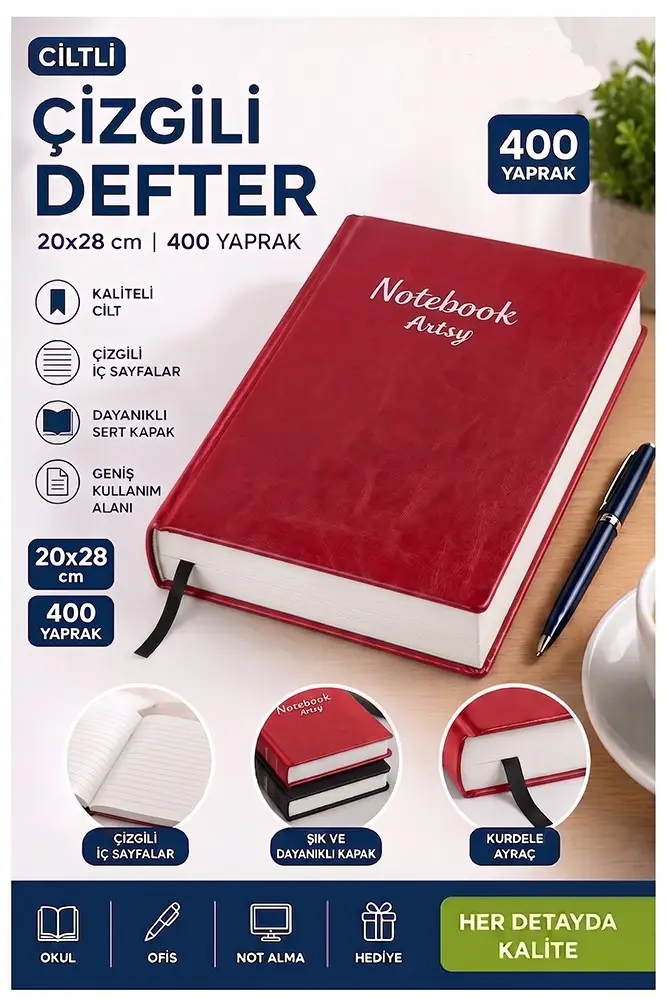 Ciltli Çizgili Defter 400 Yaprak 20x28cm 1 Adet Çok Yapraklı Sert Kapaklı Not Hesap Defteri Okul Ofis Büro - Kırmızı