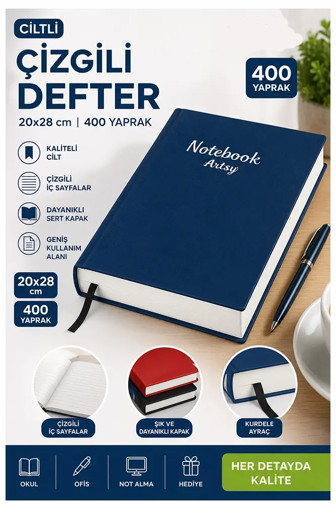 Ciltli Çizgili Defter 400 Yaprak 20x28cm 1 Adet Çok Yapraklı Sert Kapaklı Not Hesap Defteri Okul Ofis Büro - Lacivert