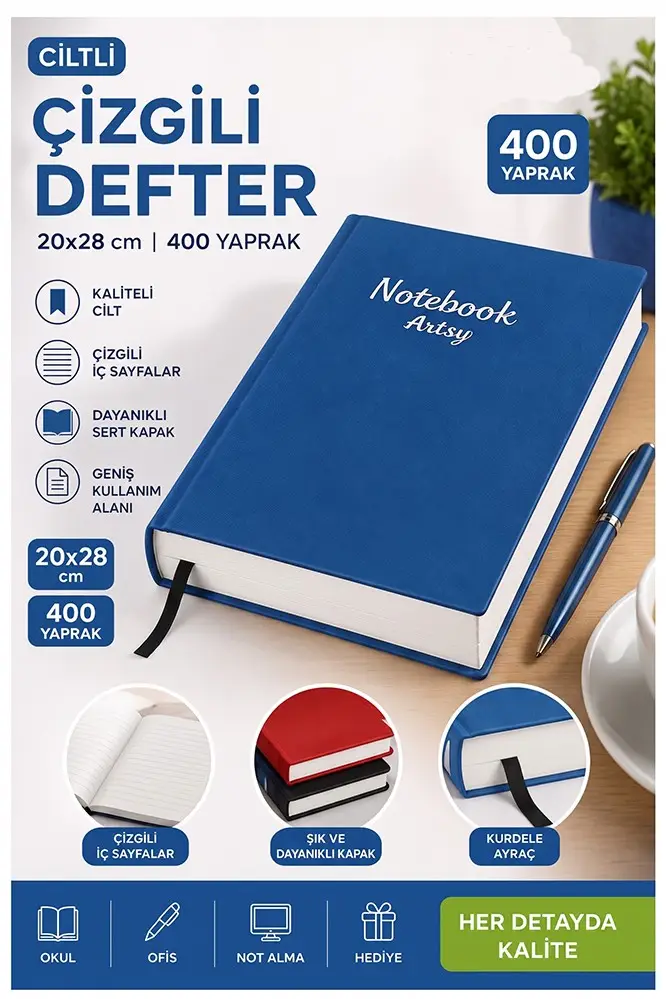 Ciltli Çizgili Defter 400 Yaprak 20x28cm 1 Adet Çok Yapraklı Sert Kapaklı Not Hesap Defteri Okul Ofis Büro - Mavi
