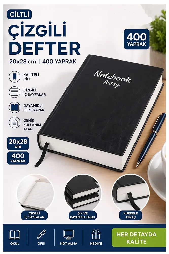 Ciltli Çizgili Defter 400 Yaprak 20x28cm 1 Adet Çok Yapraklı Sert Kapaklı Not Hesap Defteri Okul Ofis Büro - Siyah