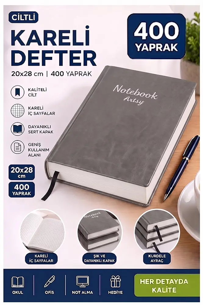 Ciltli Kareli Defter 400 Yaprak 20x28cm 1 Adet Çok Yapraklı Sert Kapaklı Not Hesap Defteri Okul Ofis Büro - Gri
