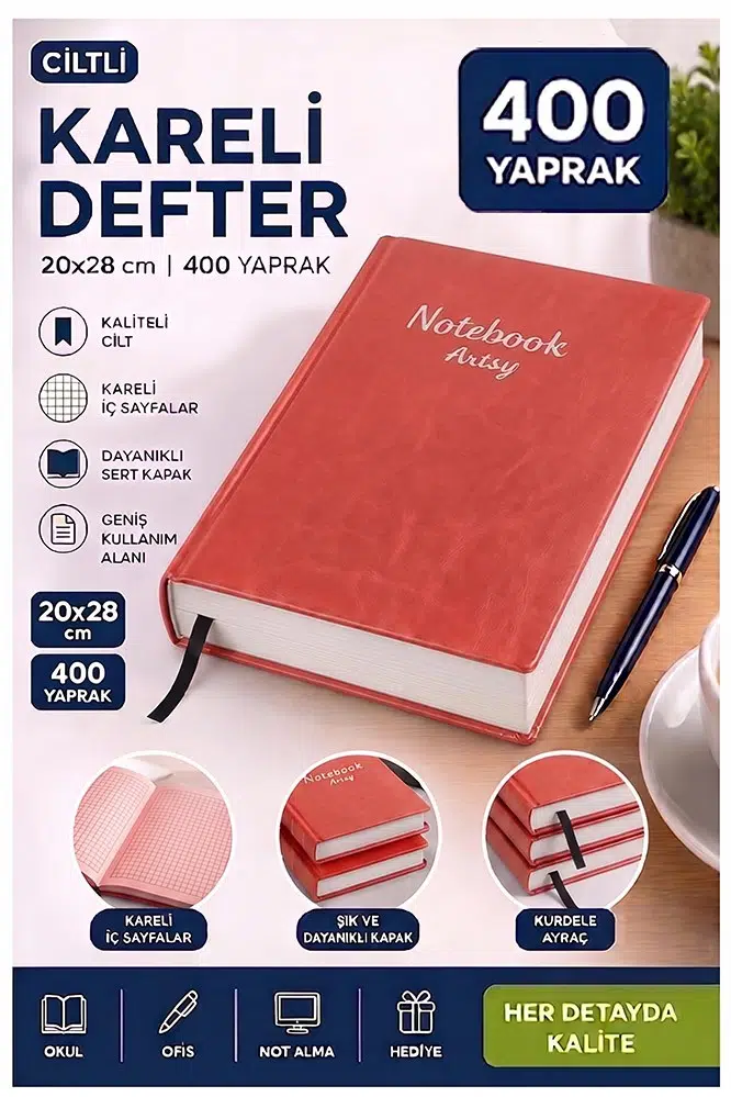 Ciltli Kareli Defter 400 Yaprak 20x28cm 1 Adet Çok Yapraklı Sert Kapaklı Not Hesap Defteri Okul Ofis Büro - Kırmızı