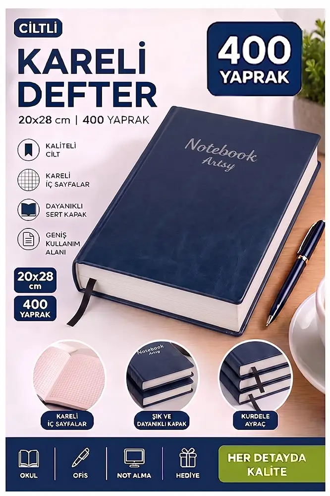 Ciltli Kareli Defter 400 Yaprak 20x28cm 1 Adet Çok Yapraklı Sert Kapaklı Not Hesap Defteri Okul Ofis Büro - Lacivert