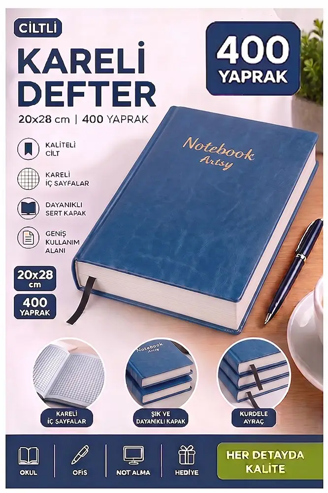 Ciltli Kareli Defter 400 Yaprak 20x28cm 1 Adet Çok Yapraklı Sert Kapaklı Not Hesap Defteri Okul Ofis Büro - Mavi