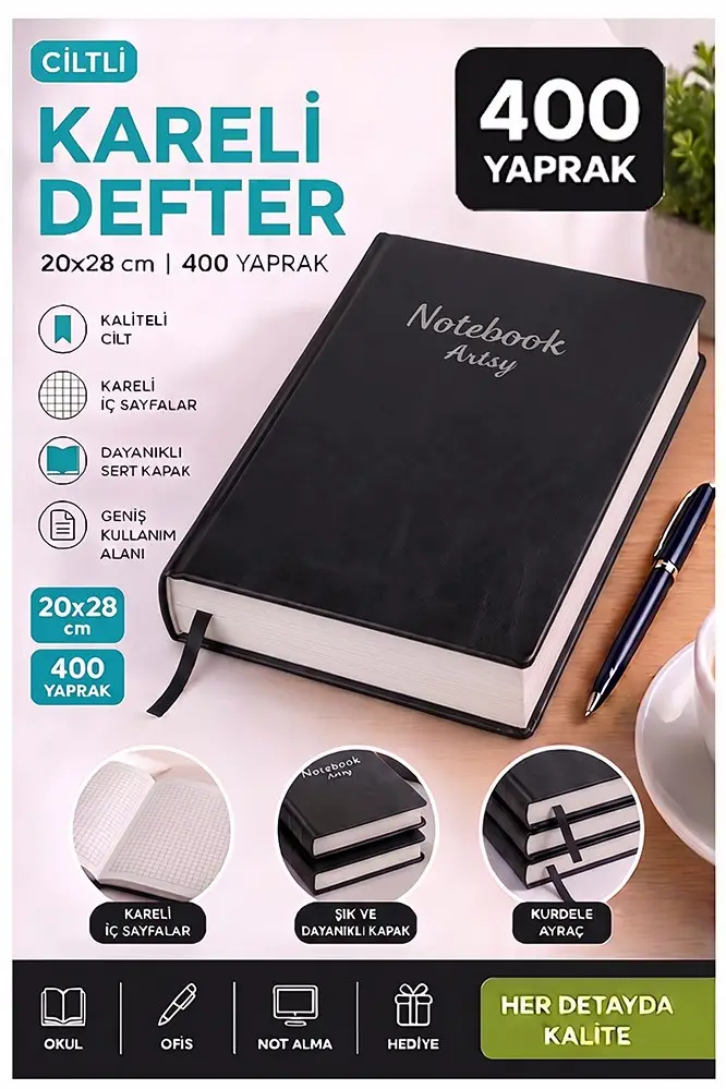 Ciltli Kareli Defter 400 Yaprak 20x28cm 1 Adet Çok Yapraklı Sert Kapaklı Not Hesap Defteri Okul Ofis Büro - Siyah