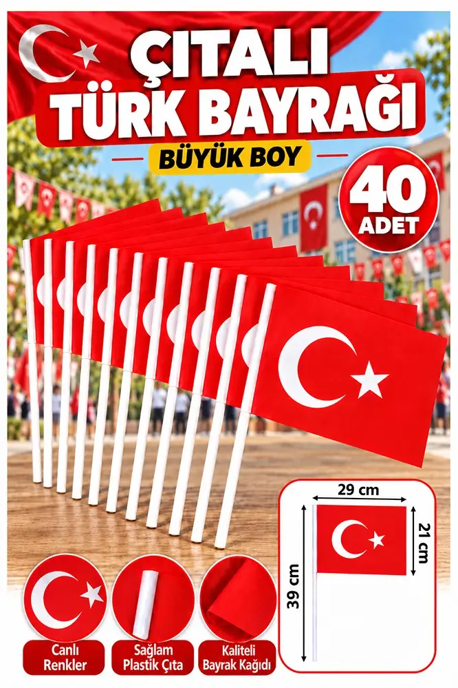 Çıtalı Bayrak Kağıt Büyük 29x21 cm 40 Adet Ay Yıldızlı Türk Bayrağı Çıtalı Sopalı Bayrak Plastik Çubuklu Bayrak Bayram