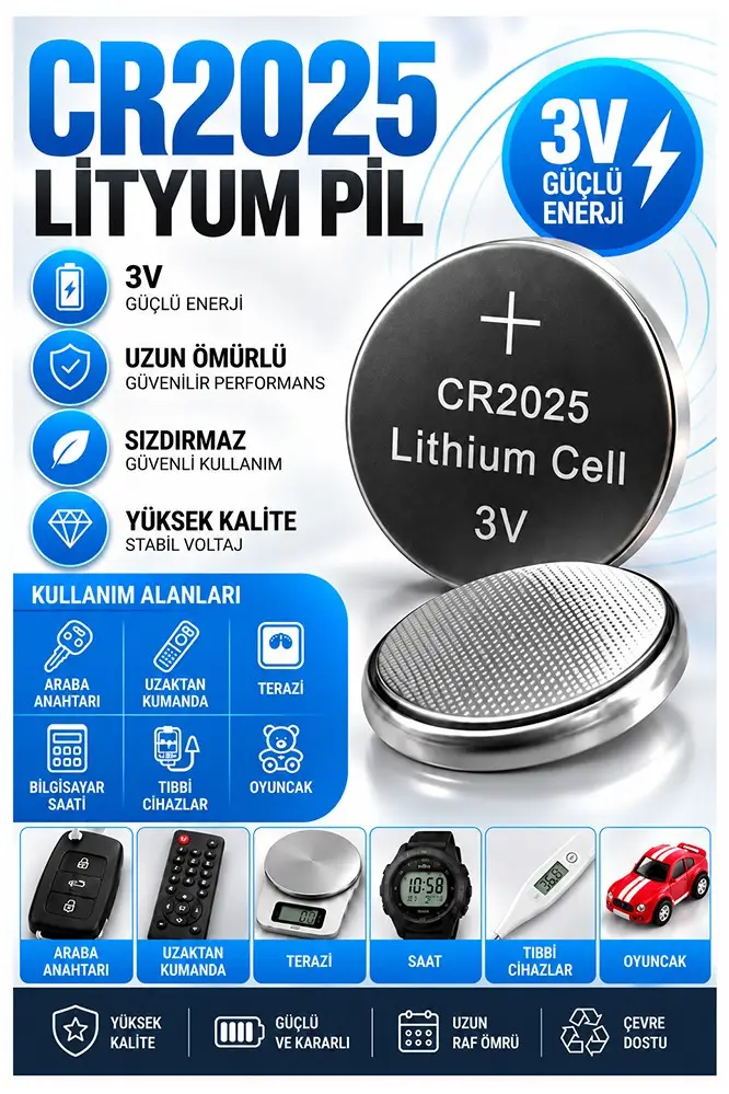 CR2025 Pil 3V 1 Adet Rio Cr 2025 Para Pil Lityum Düğme Pil Araba Kumandası Baskül Tartı Pili Saat Oyuncak Cihaz Pili