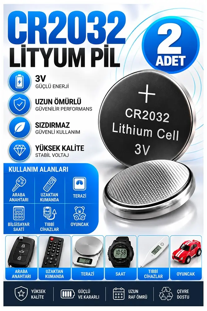 CR2032 Pil 3V 2 Adet Rio Cr 2032 Para Pil Lityum Düğme Pil Araba Kumandası Baskül Tartı Pili Saat Oyuncak Cihaz Pili